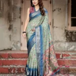 Emerald Green Intricate Floral Heritage Digital Printed Tussar Silk Saree