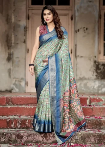 Emerald Green Intricate Floral Heritage Digital Printed Tussar Silk Saree