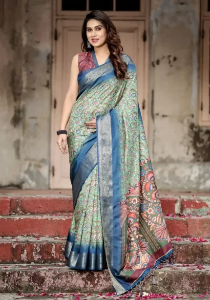 Emerald Green Intricate Floral Heritage Digital Printed Tussar Silk Saree