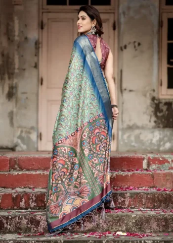 Emerald Green Intricate Floral Heritage Digital Printed Tussar Silk Saree