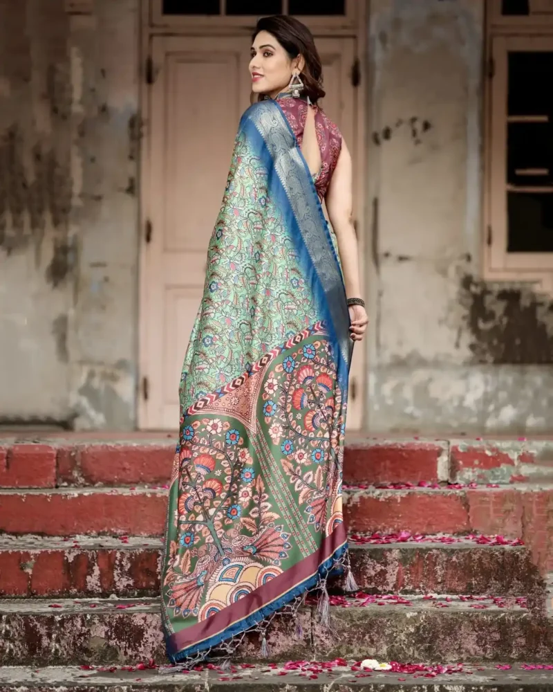 Emerald Green Intricate Floral Heritage Digital Printed Tussar Silk Saree