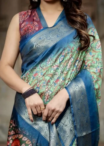 Emerald Green Intricate Floral Heritage Digital Printed Tussar Silk Saree