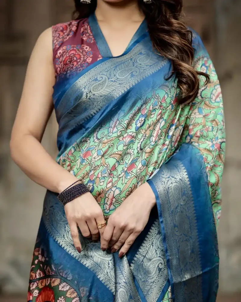 Emerald Green Intricate Floral Heritage Digital Printed Tussar Silk Saree