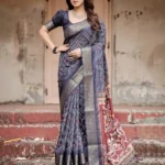 Ethnic Motifs Navy Blue Tussar Silk Saree