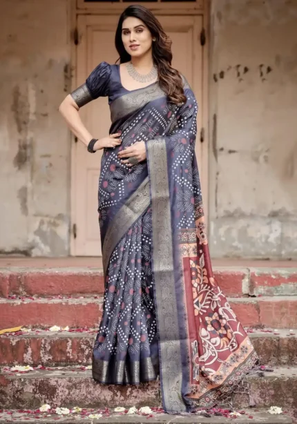 Ethnic Motifs Navy Blue Tussar Silk Saree