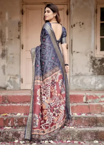 Ethnic Motifs Navy Blue Tussar Silk Saree