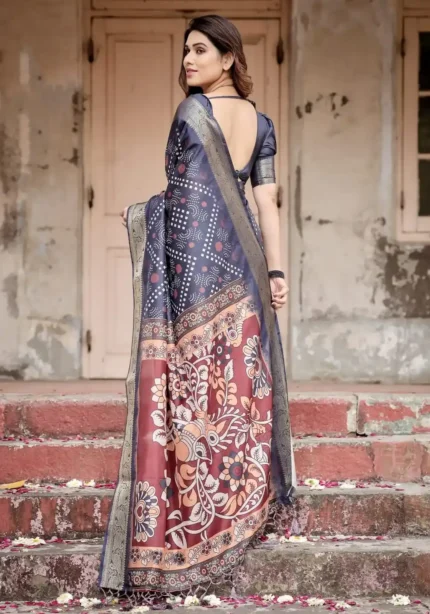 Ethnic Motifs Navy Blue Tussar Silk Saree