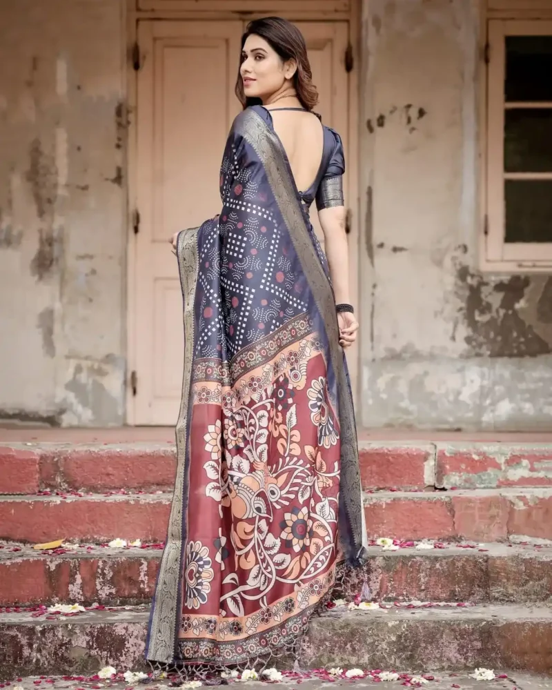 Ethnic Motifs Navy Blue Tussar Silk Saree