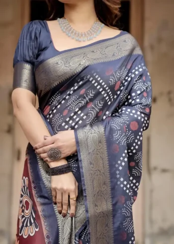 Ethnic Motifs Navy Blue Tussar Silk Saree