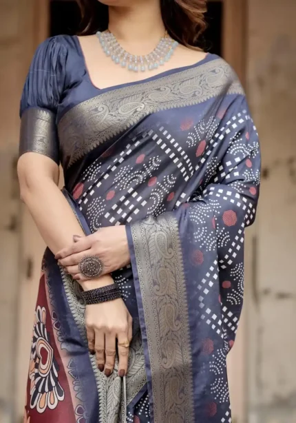 Ethnic Motifs Navy Blue Tussar Silk Saree