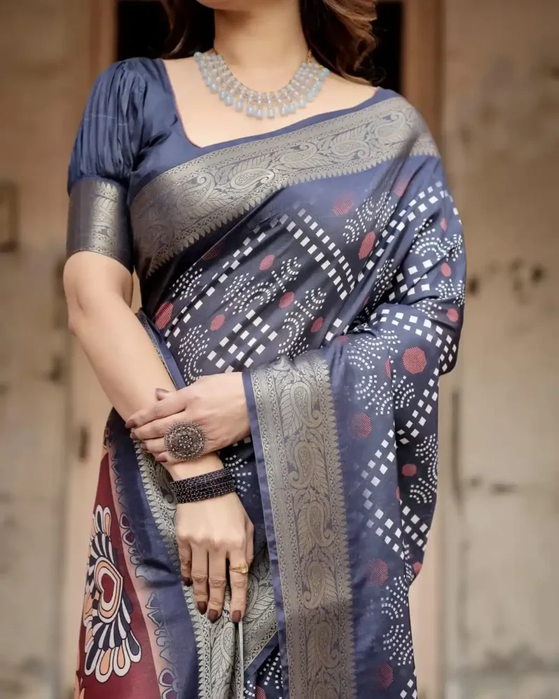 Ethnic Motifs Navy Blue Tussar Silk Saree