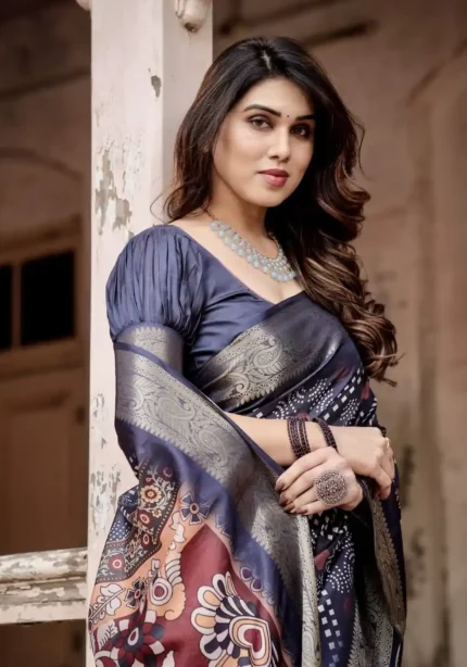 Ethnic Motifs Navy Blue Tussar Silk Saree