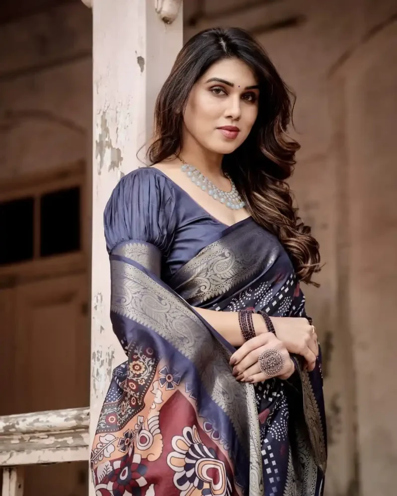 Ethnic Motifs Navy Blue Tussar Silk Saree