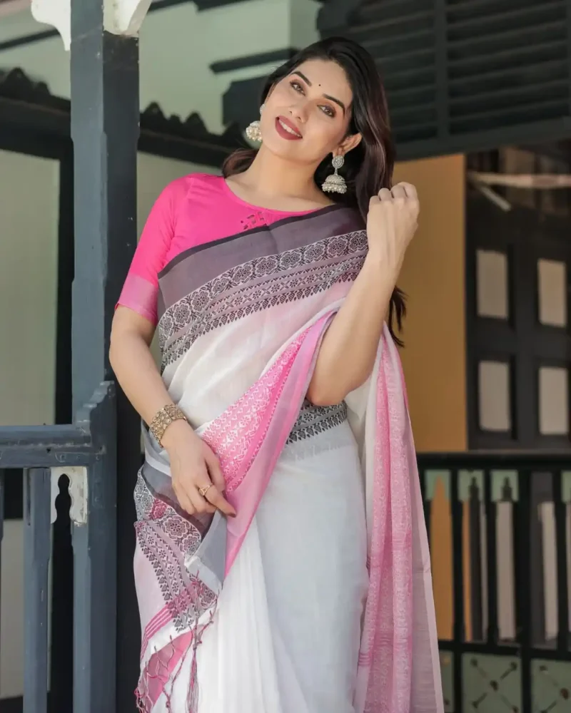 Exquisite Pink White Linen Saree With Hot Pink Border