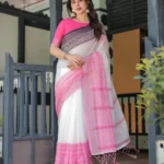 Exquisite Pink White Linen Saree With Hot Pink Border