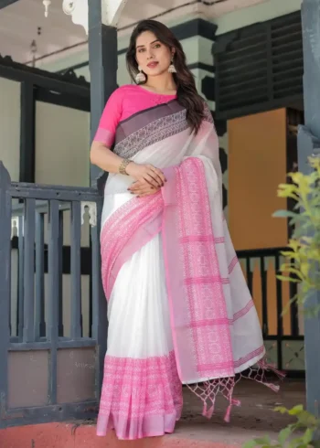 Exquisite Pink White Linen Saree With Hot Pink Border