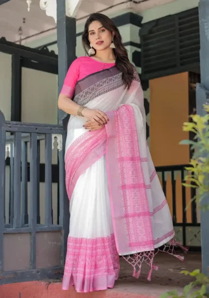 Exquisite Pink White Linen Saree With Hot Pink Border