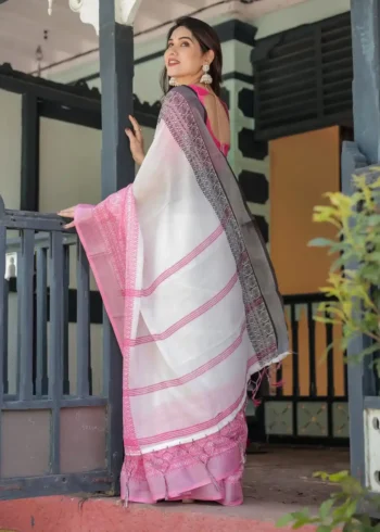 Exquisite Pink White Linen Saree With Hot Pink Border