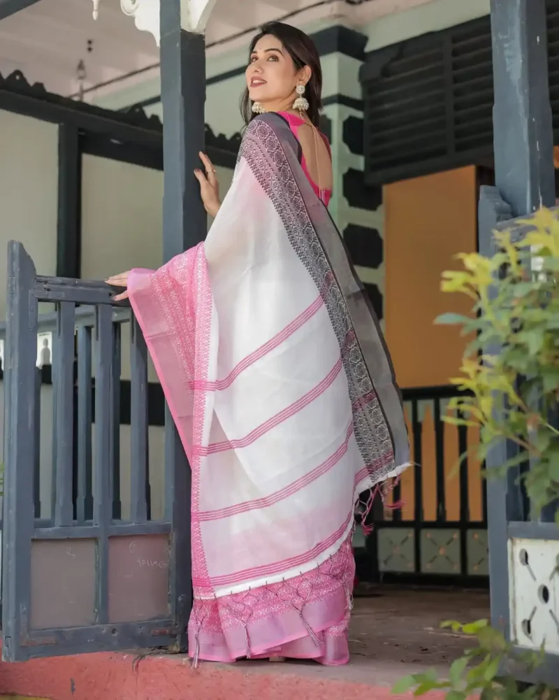 Exquisite Pink White Linen Saree With Hot Pink Border