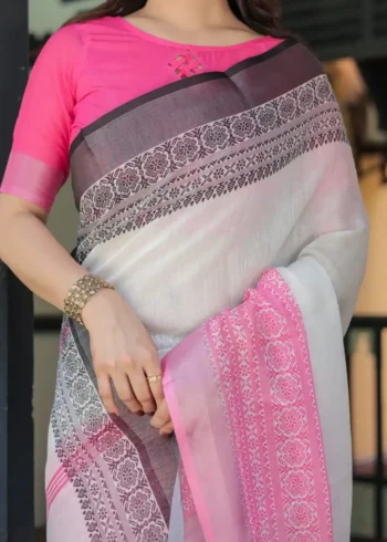 Exquisite Pink White Linen Saree With Hot Pink Border