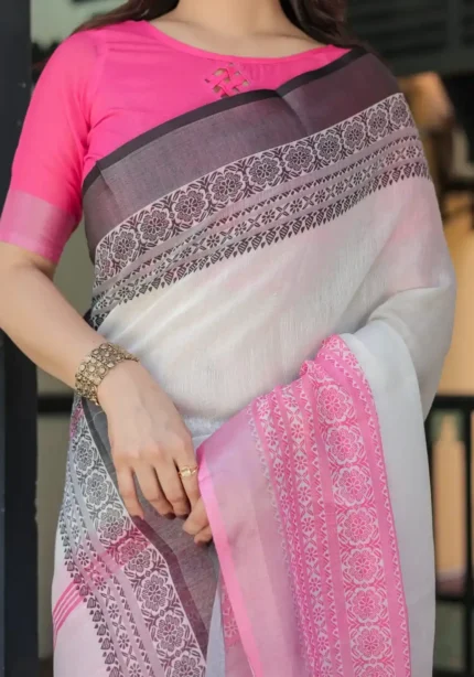 Exquisite Pink White Linen Saree With Hot Pink Border