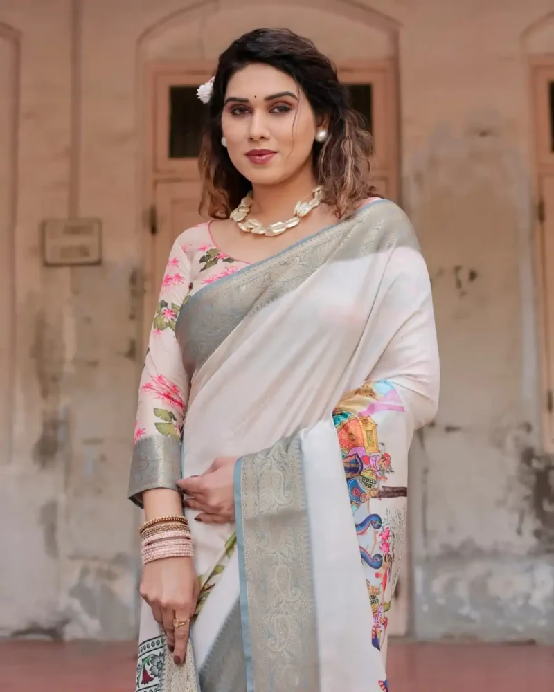 Exquisite Royal Digital Print Ivory Tussar Silk Saree