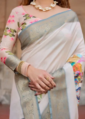 Exquisite Royal Digital Print Ivory Tussar Silk Saree