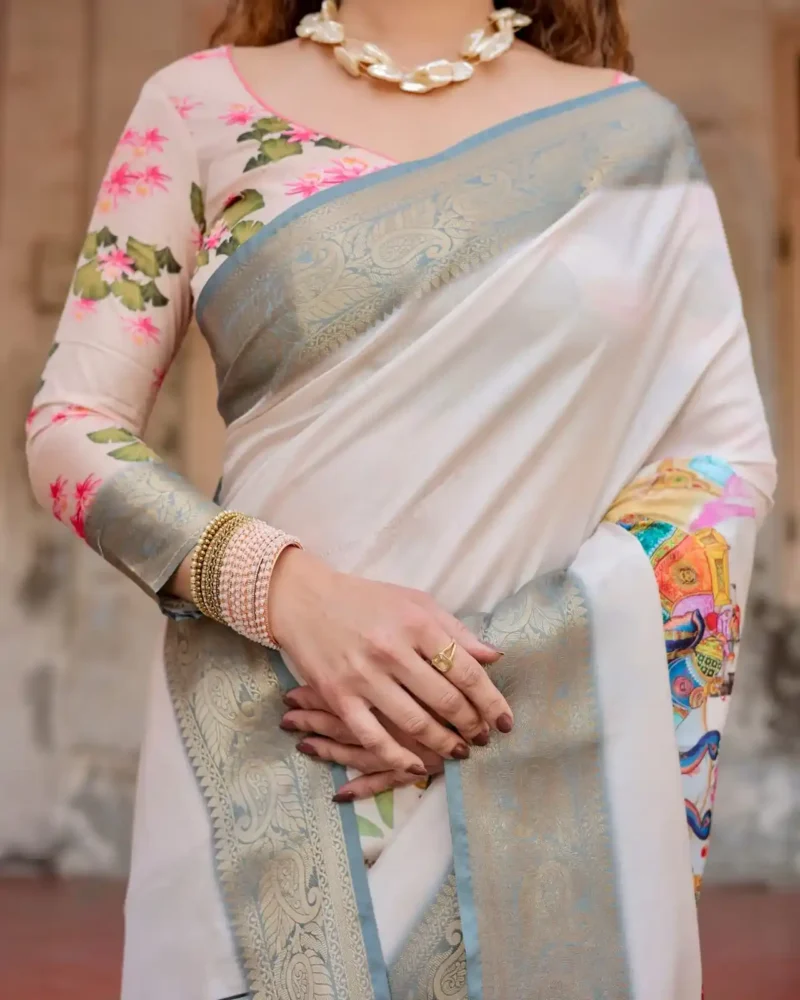 Exquisite Royal Digital Print Ivory Tussar Silk Saree