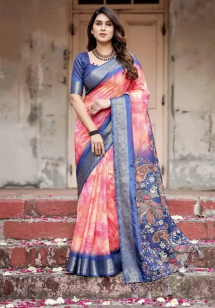 Fiery Pink Ombre Tie Dye Effect Tussar Silk Saree