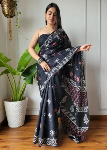 Flowy Linen Silk Cotton Sarees With All Over Batik Digital Prints