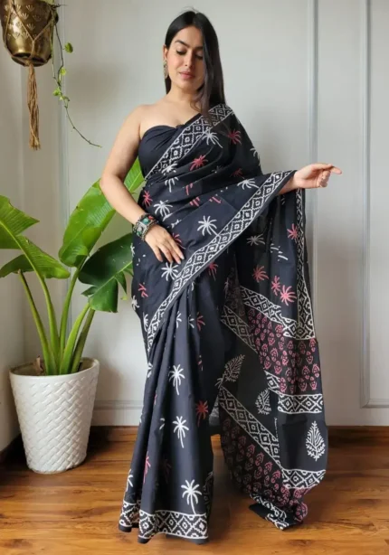 Flowy Linen Silk Cotton Sarees With All Over Batik Digital Prints