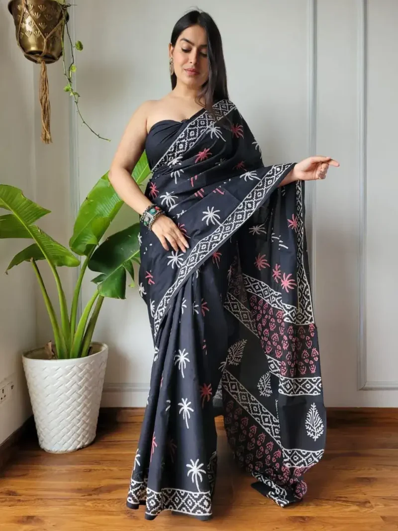 Flowy Linen Silk Cotton Sarees With All Over Batik Digital Prints