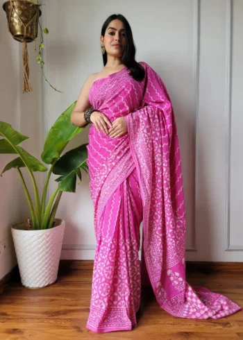 Flowy Linen Silk Cotton Sarees With All Over Batik Digital Prints