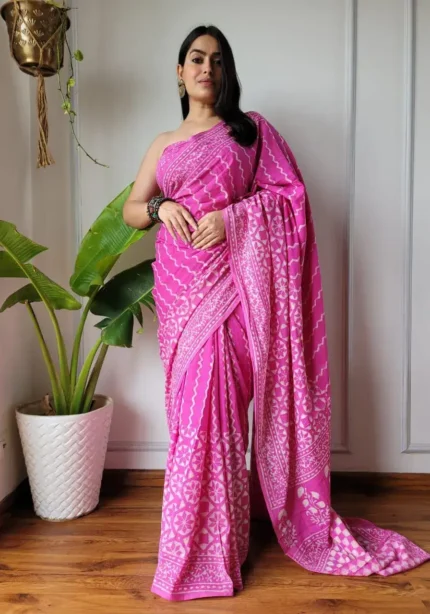 Flowy Linen Silk Cotton Sarees With All Over Batik Digital Prints