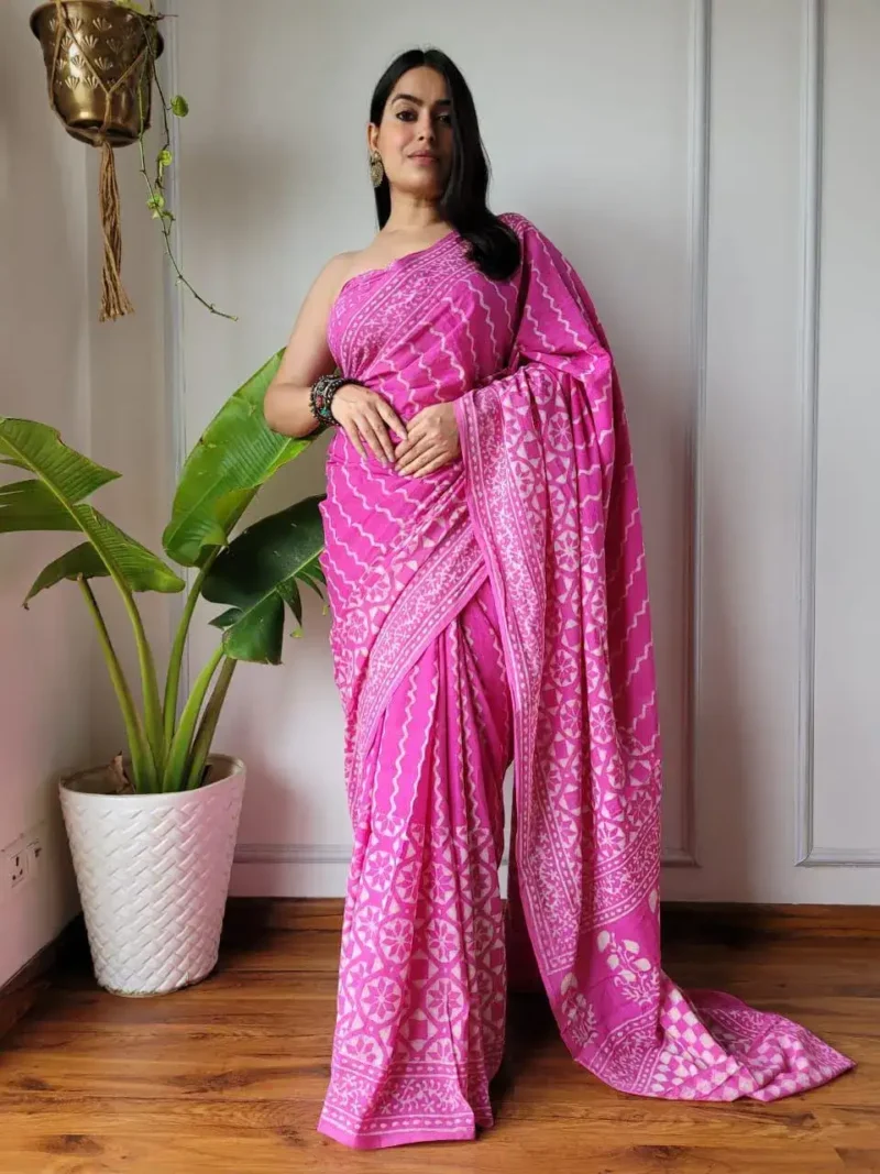 Flowy Linen Silk Cotton Sarees With All Over Batik Digital Prints