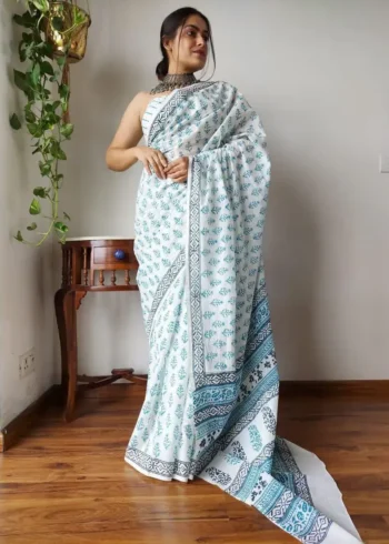 Flowy Linen Silk Cotton Sarees With All Over Batik Digital Prints