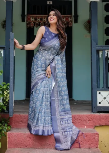 Gentle Sky Blue Pure Linen Saree