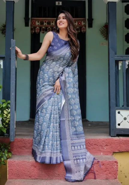 Gentle Sky Blue Pure Linen Saree