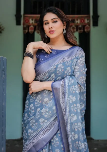 Gentle Sky Blue Pure Linen Saree