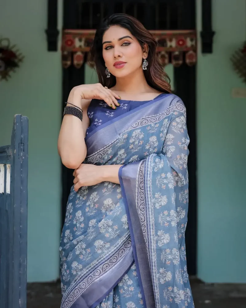 Gentle Sky Blue Pure Linen Saree