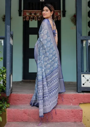 Gentle Sky Blue Pure Linen Saree
