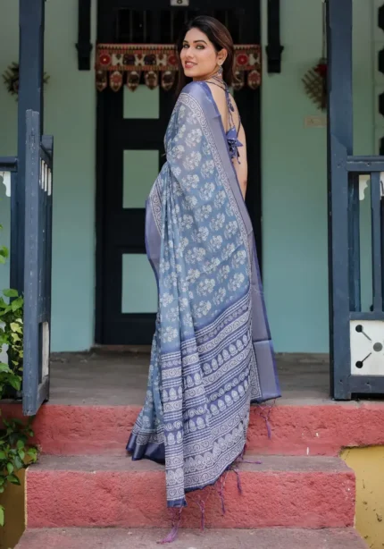 Gentle Sky Blue Pure Linen Saree