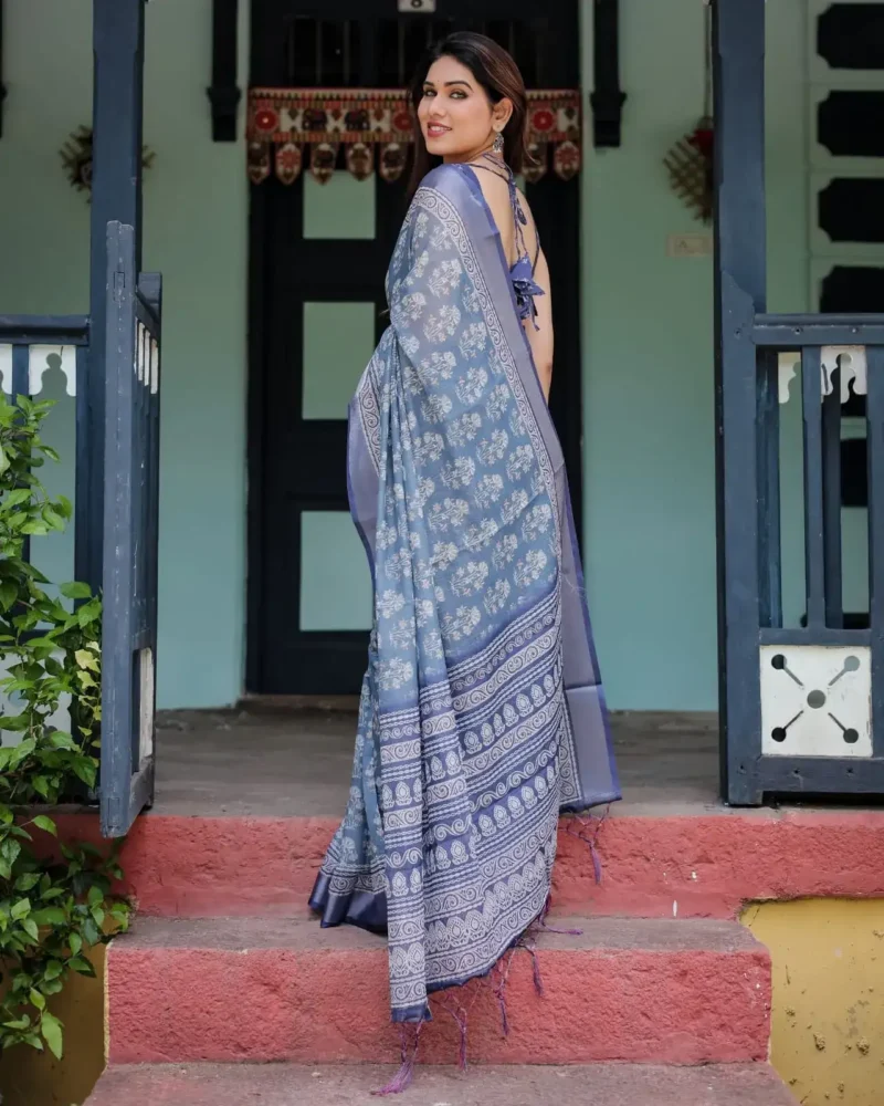 Gentle Sky Blue Pure Linen Saree