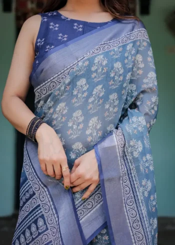 Gentle Sky Blue Pure Linen Saree