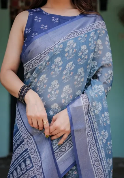 Gentle Sky Blue Pure Linen Saree