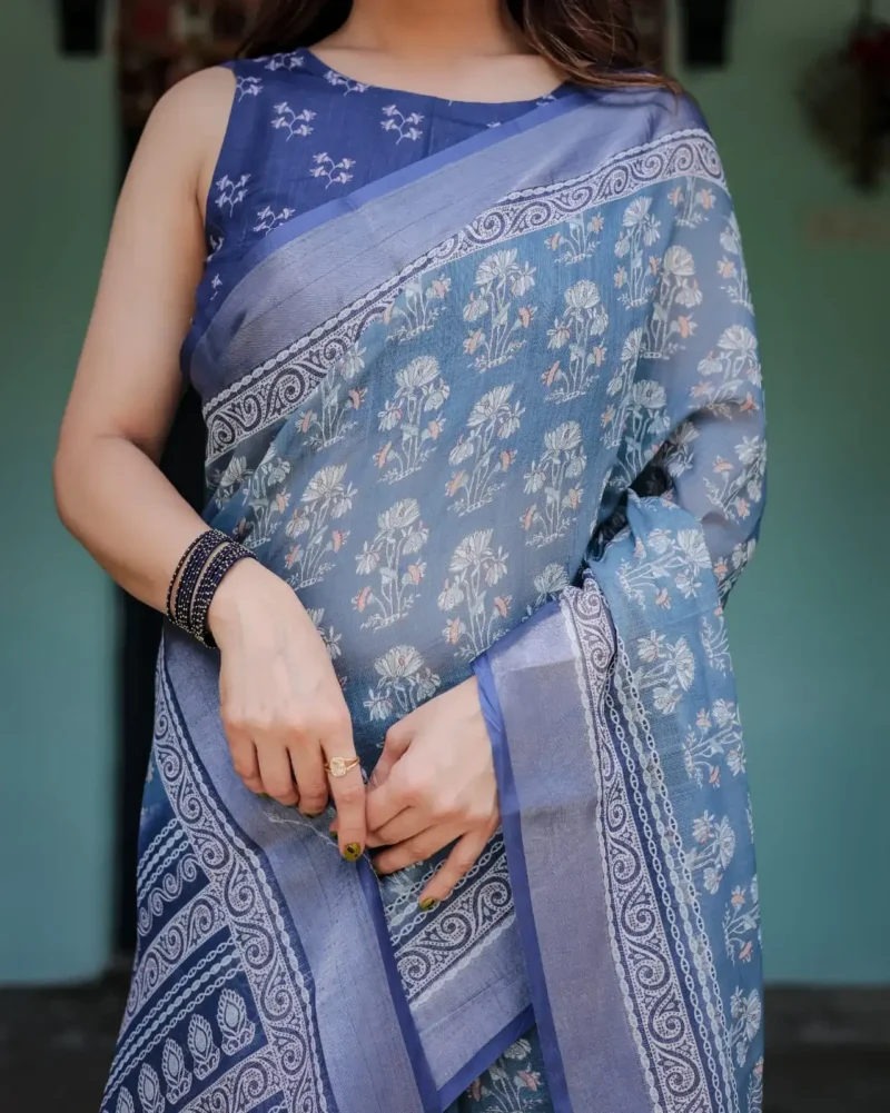Gentle Sky Blue Pure Linen Saree
