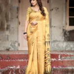 Geometric Digital Printed Golden Yellow Tussar Silk Saree