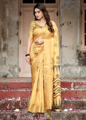 Geometric Digital Printed Golden Yellow Tussar Silk Saree