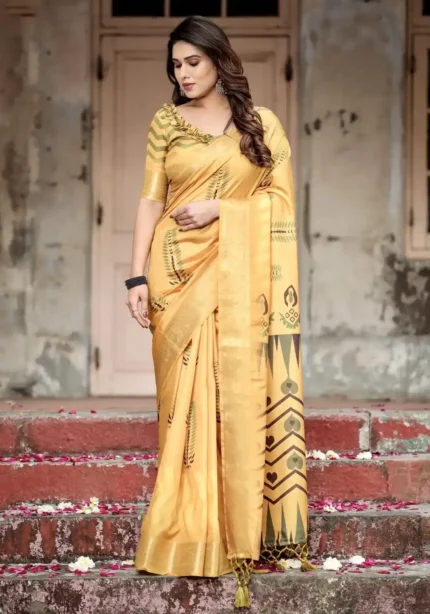 Geometric Digital Printed Golden Yellow Tussar Silk Saree