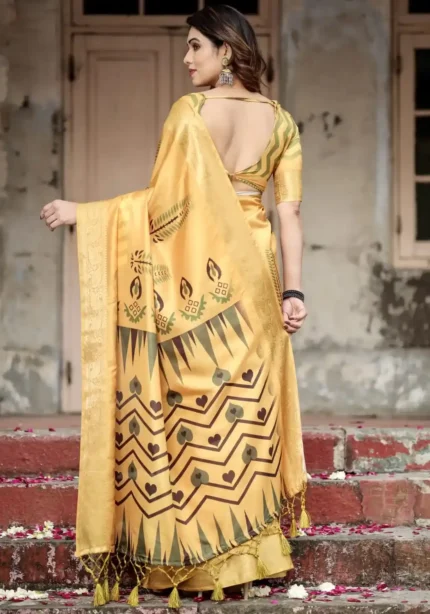 Geometric Digital Printed Golden Yellow Tussar Silk Saree